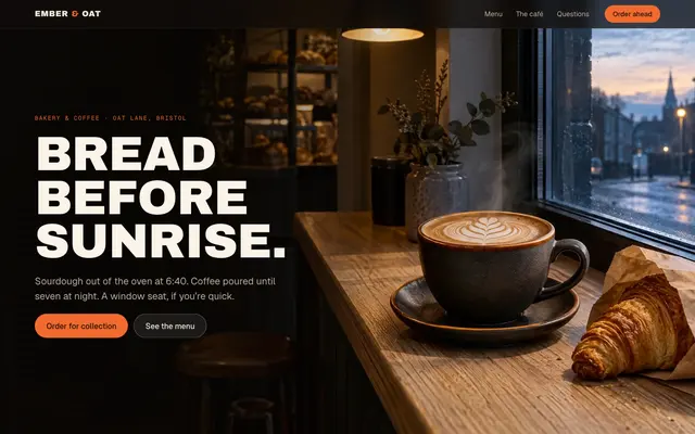 Ember & Oat concept: a flat white on a bakery windowsill at dawn under the headline Bread before sunrise
