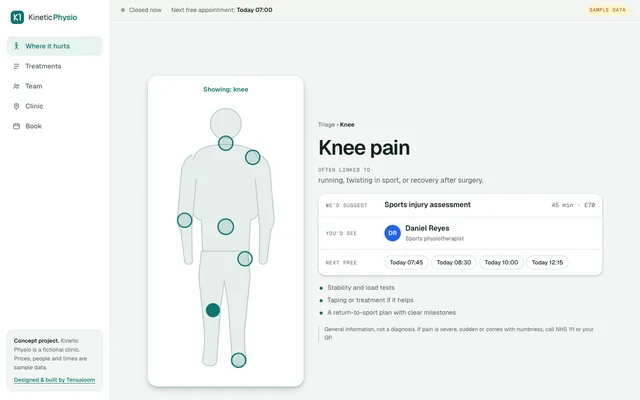 Kinetic Physio concept: a body map with the knee selected and matching appointments