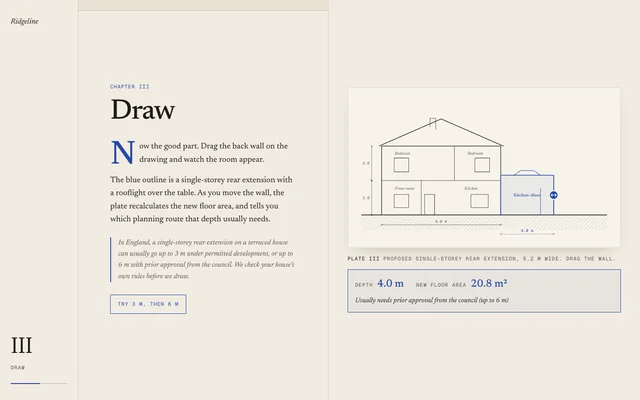 Ridgeline Build Co. concept: an editorial page with a technical drawing of a house extension
