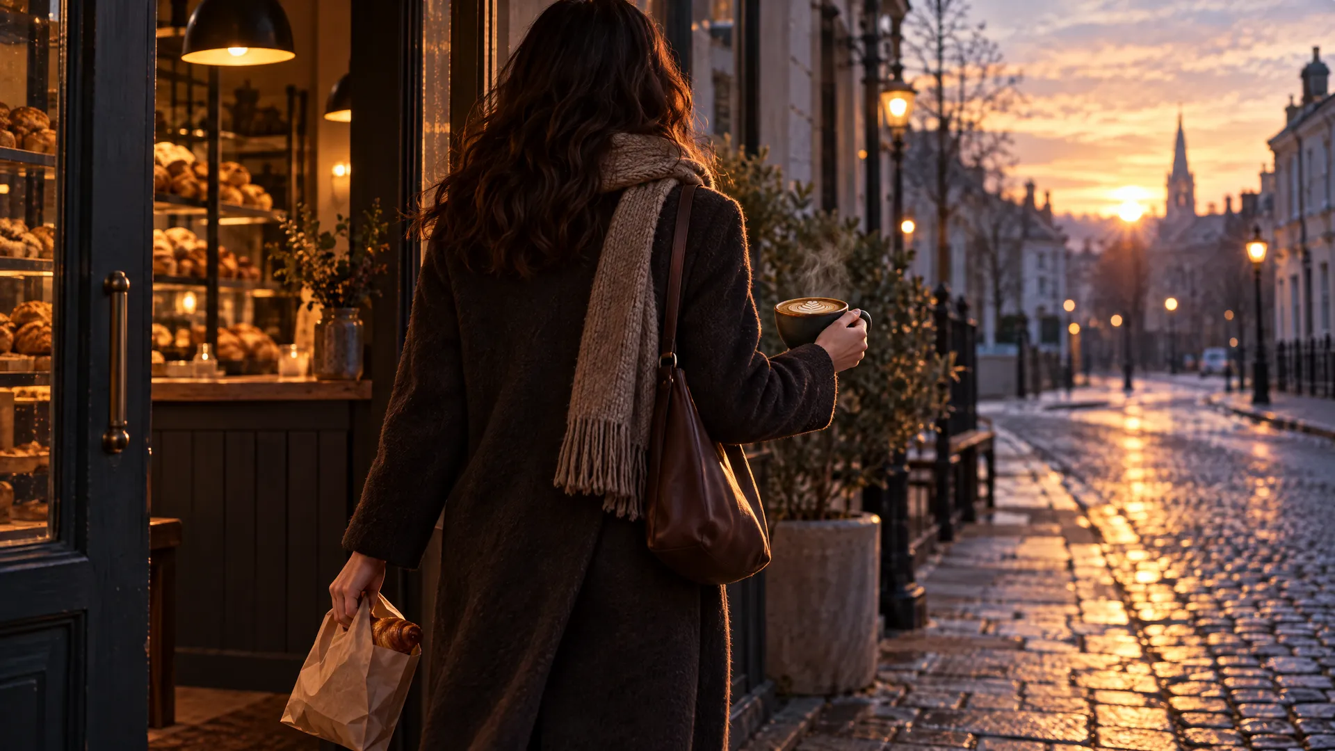 Someone walking out of the bakery onto a cobbled street at sunrise, coffee and a paper bag in hand