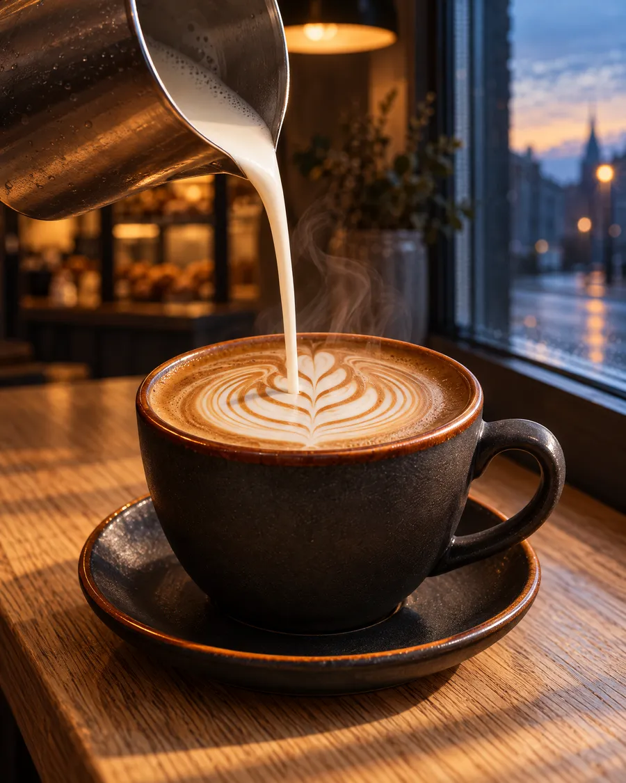 Milk poured into a charcoal cup with a burnt-orange rim, forming latte art