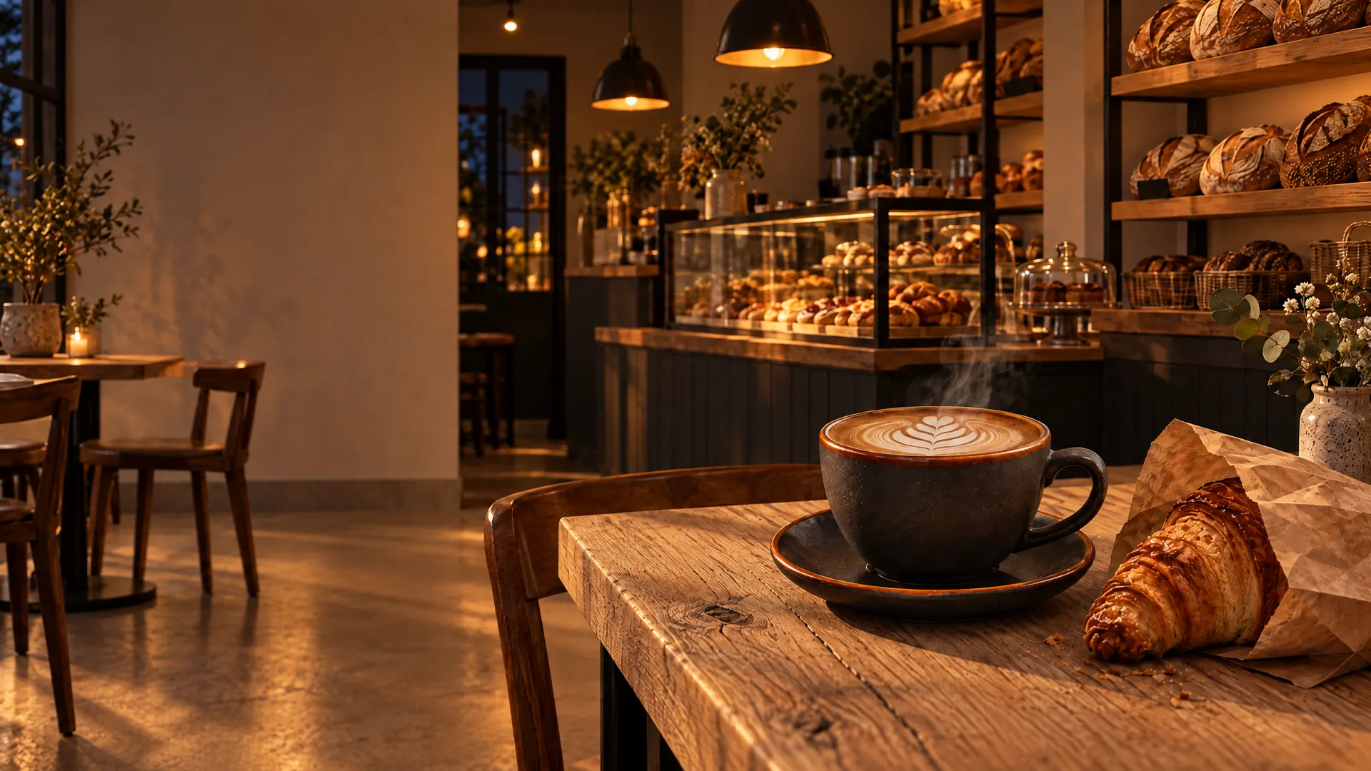 The same café in the evening: dark windows, lamps and a candle glowing