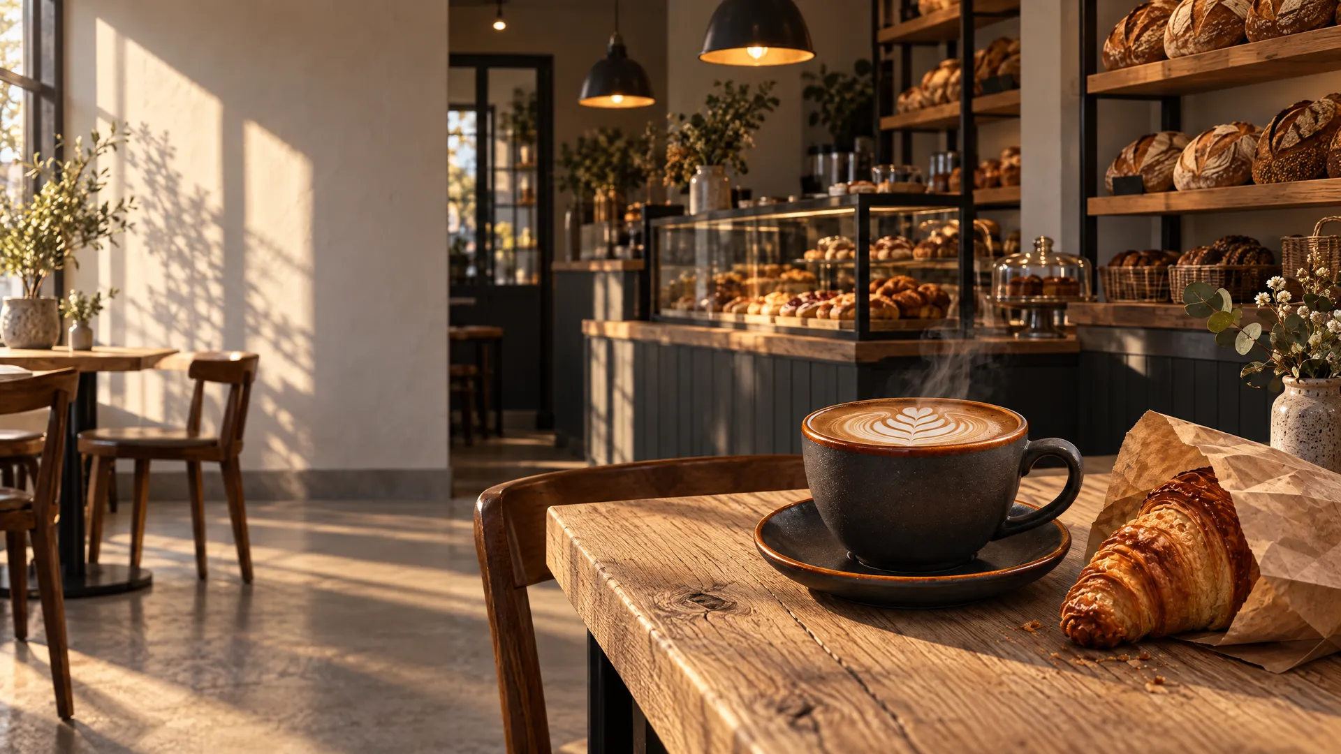 The café in the morning: sunlight across the wall, a flat white and croissant on an oak table