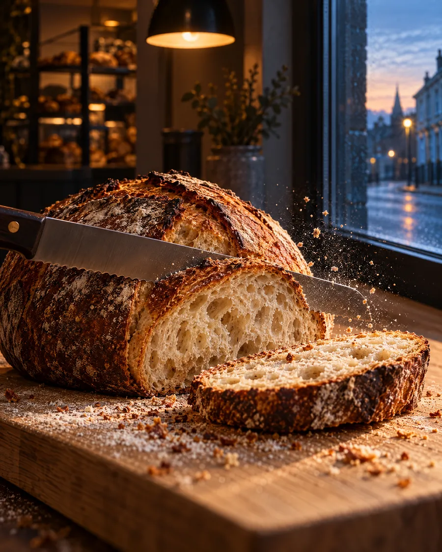 A bread knife slicing a dark-crusted sourdough loaf on an oak board