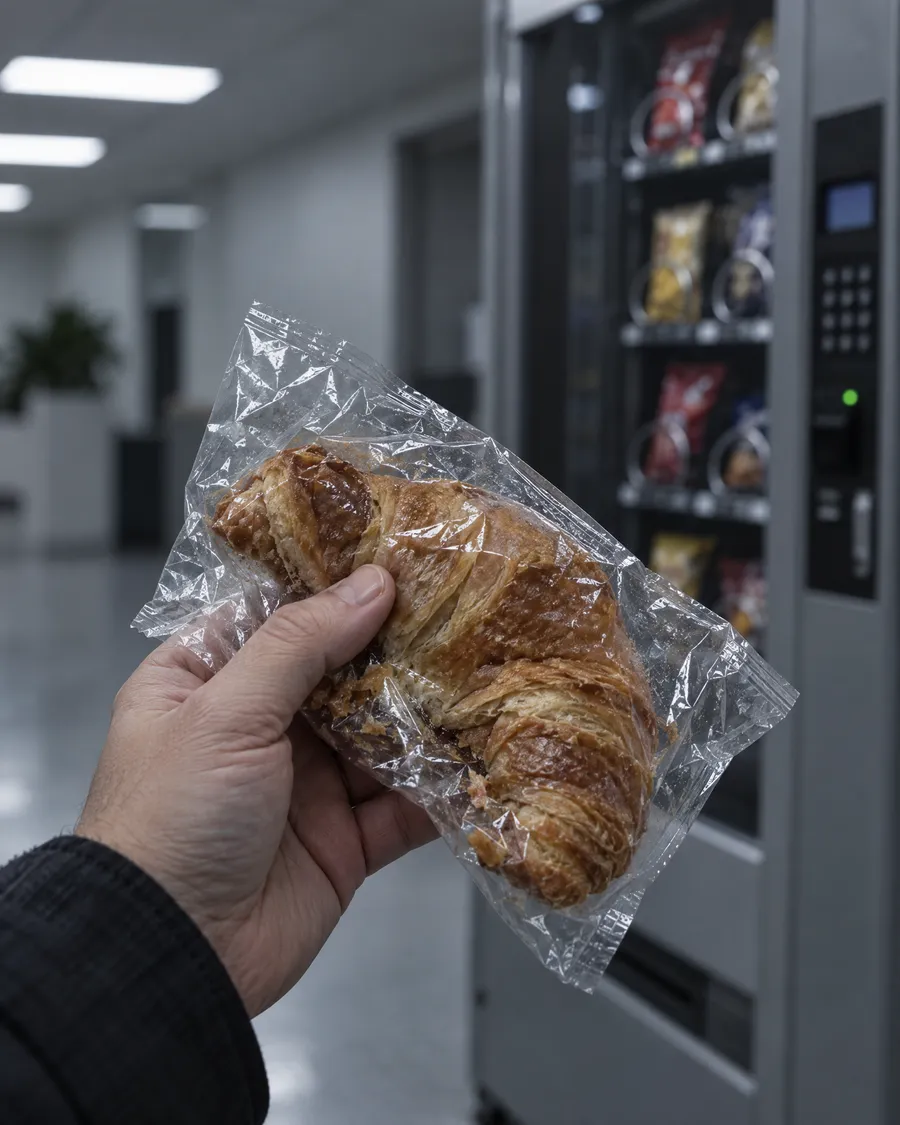 A hand holding a flattened croissant in plastic wrap beside an office vending machine